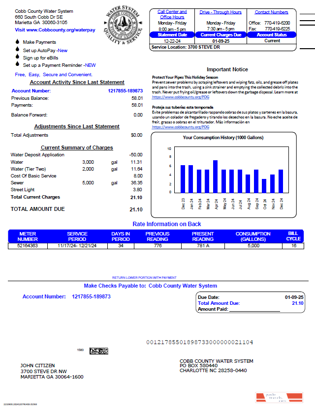 USA Cobb County Water System utility bill template in Word and PDF formats, version 3
